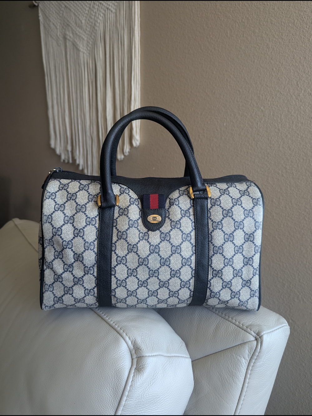 vintage 1980s Gucci Accessory Collection Navy GG Supreme Boston Bag.